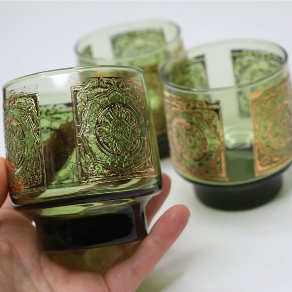 VINTAGE Libbey Elcyda Glasses SET of 3 Green Gold MCM Rocks Barware Old Fashione - Picture 5 of 11